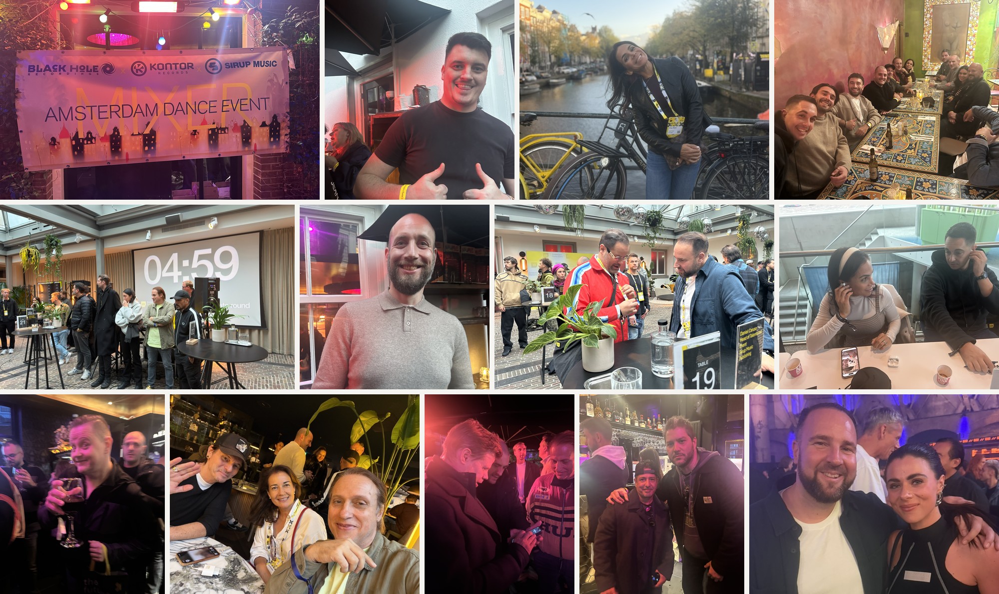 Impressions from Amsterdam Dance Event 2026: the Sirup Music mixer banner, conference, and friends and colleagues around the city